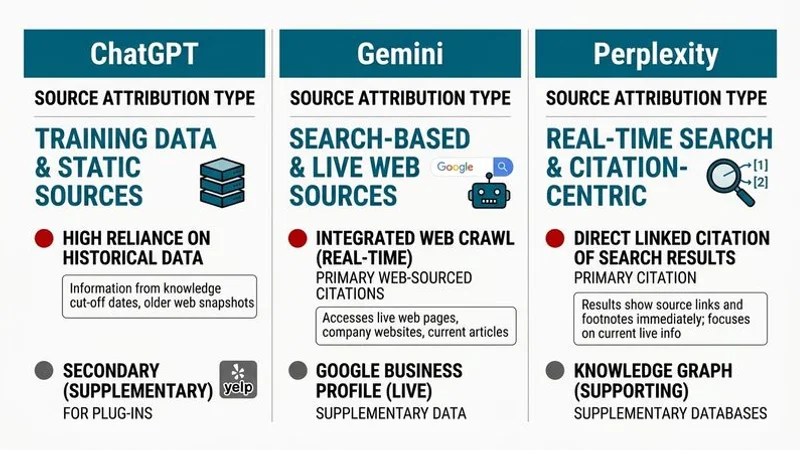 Diagram comparing how ChatGPT Gemini and Perplexity source and cite business information showing different citation mechanisms for each AI platform