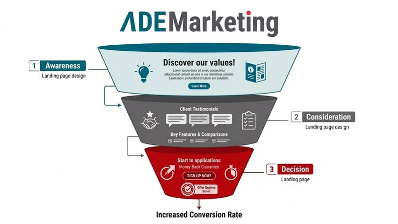 Diagram showing the full-funnel landing page framework with different page designs for awareness consideration and decision stages of the buyer journey