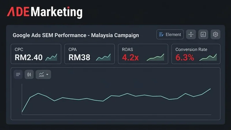 Dashboard showing key Google Ads performance metrics including CPC CPA ROAS and conversion rates for a Malaysian business campaign