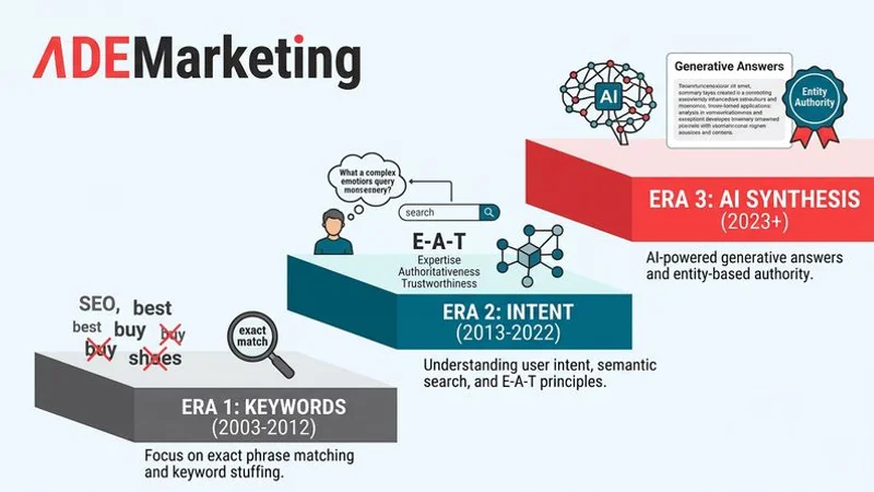 Diagram illustrating recurring patterns in Google algorithm evolution from keyword matching through intent understanding to AI-powered search synthesis