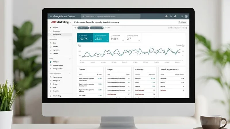 Screenshot of Google Search Console showing crawl stats and indexation coverage for a Malaysian website with highlighted error areas