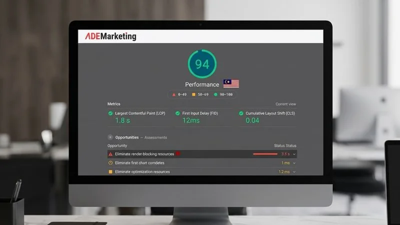 Mobile performance metrics dashboard showing Core Web Vitals scores for a Malaysian website optimised for Southeast Asian mobile users