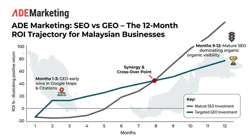 Chart comparing ROI timelines for SEO versus GEO investments showing short-term and long-term returns for Malaysian businesses