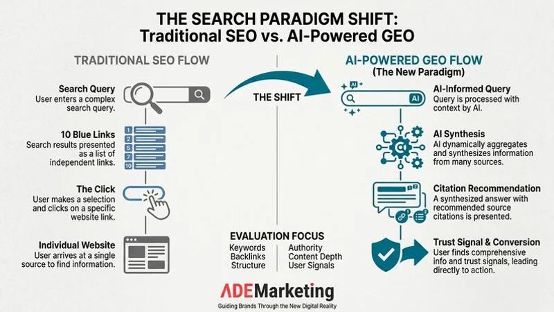 Diagram showing the difference between traditional SEO search results and AI-generated answers with citations for Malaysian business queries