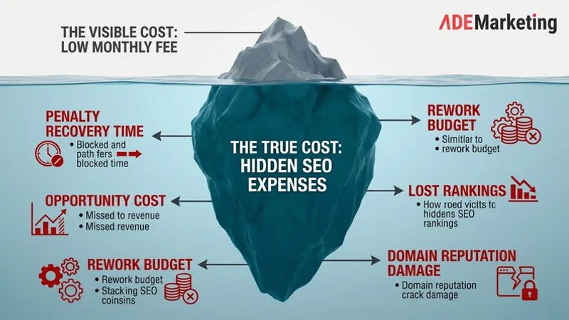 Infographic showing the true cost of cheap SEO services including opportunity costs recovery expenses and lost revenue over time